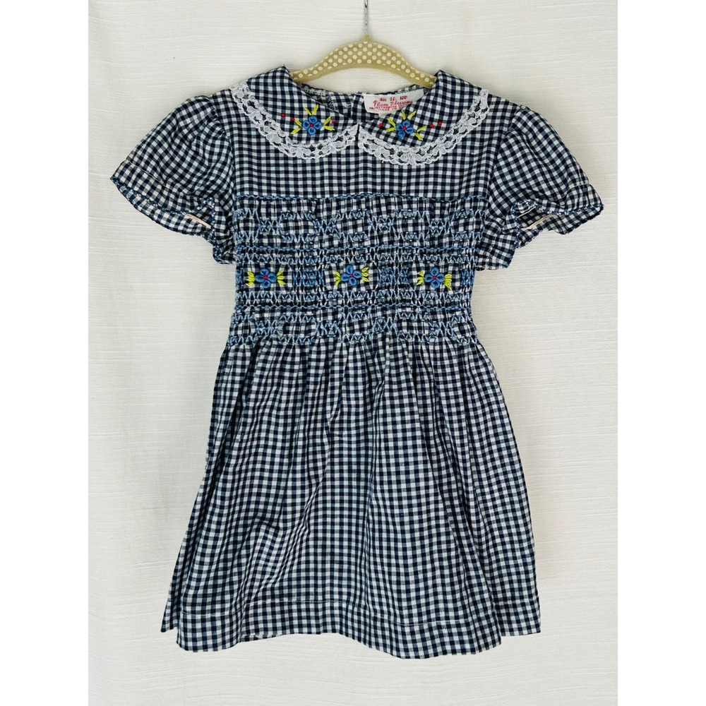 Plum Blossoms Vintage Girls Gingham Smocked Dress Navy Blue White Floral Lace 18